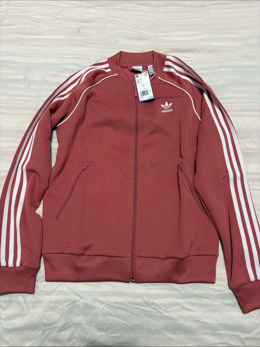 adidas Men's Dusty Rose Track Jacket with White Stripes